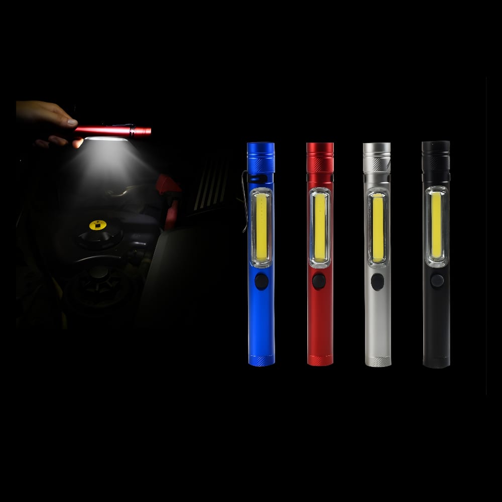 A set of four LED work lights in blue, red, silver, and black, featuring a transparent section and an on/off button. Wesley torch - Image 1
