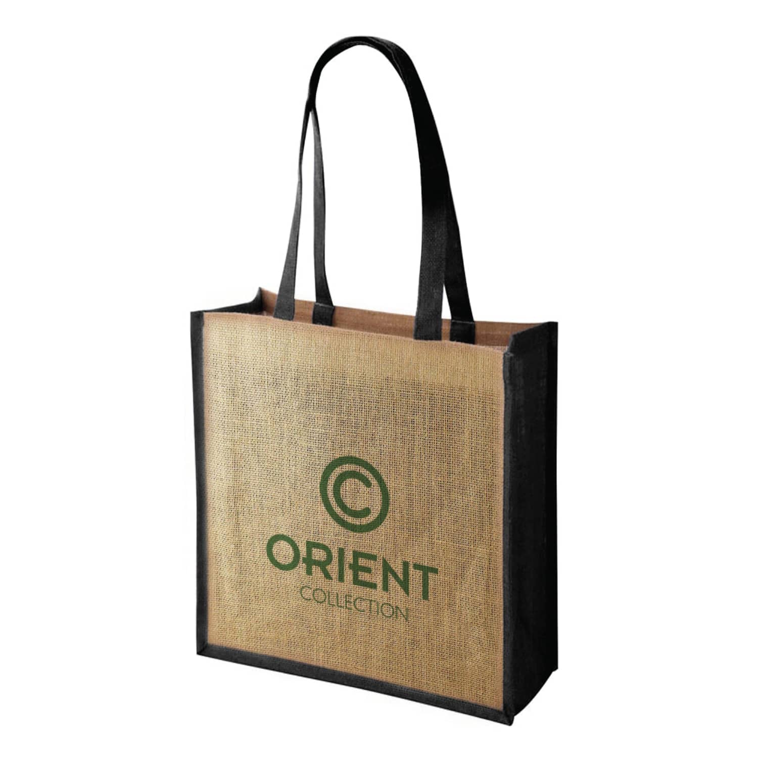 A large jute tote bag in natural and black, featuring long handles and a logo on the front. Large Jute Tote Bag With Gusset - Image 1