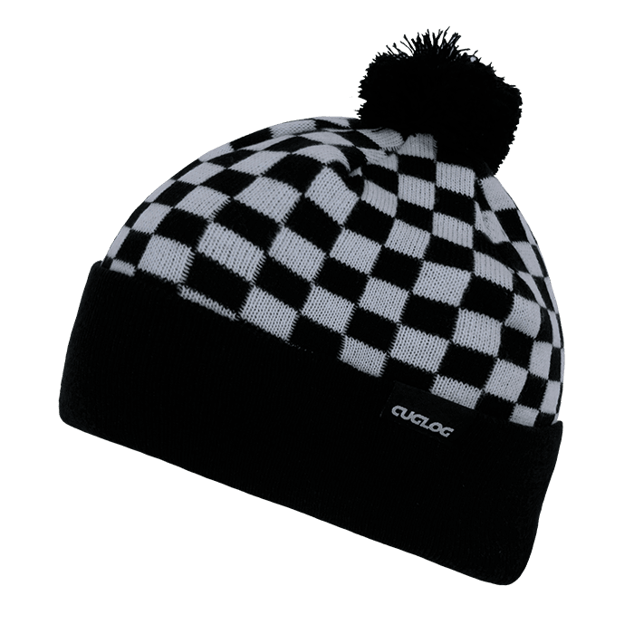 A black and white checkered beanie with a pom-pom on top and a logo on the cuff. CHAngbai Checker Beanies - Image 1