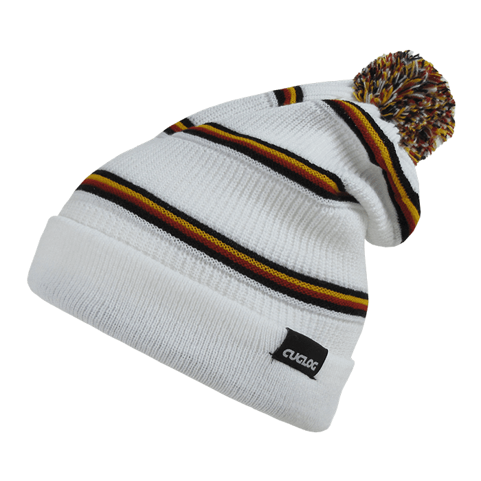 A white beanie with striped patterns in red, yellow, and black, topped with a colourful pom-pom and branding. Kinabalu Beanies - Image 1