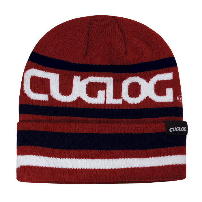 A red beanie with navy and white stripes featuring a logo and a fold-up cuff. Kailash Beanies - Image 1