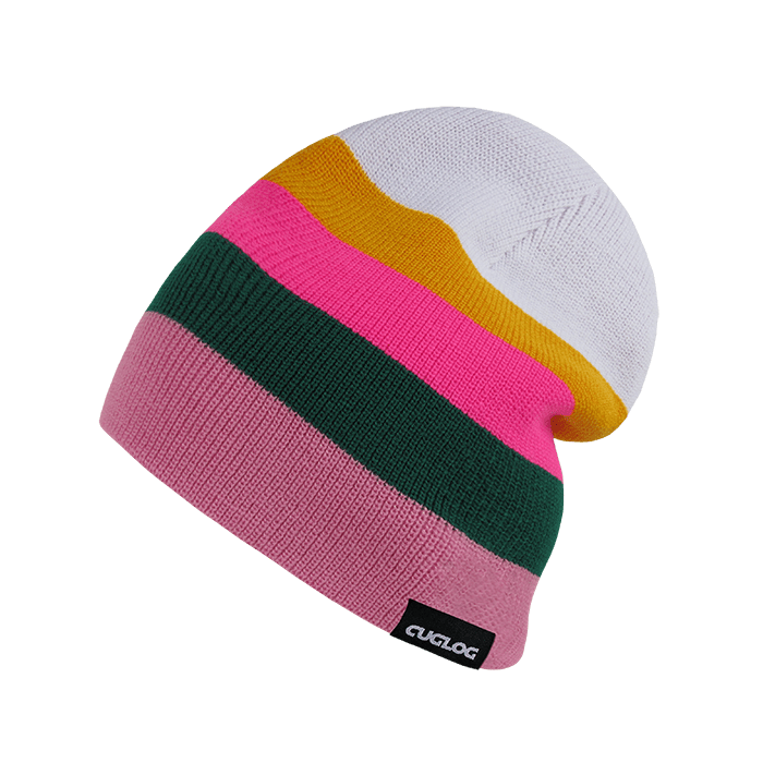 A knitted beanie featuring stripes in pink, green, white, and yellow, with a branded tag on the side. Rushmore Beanies - Image 1
