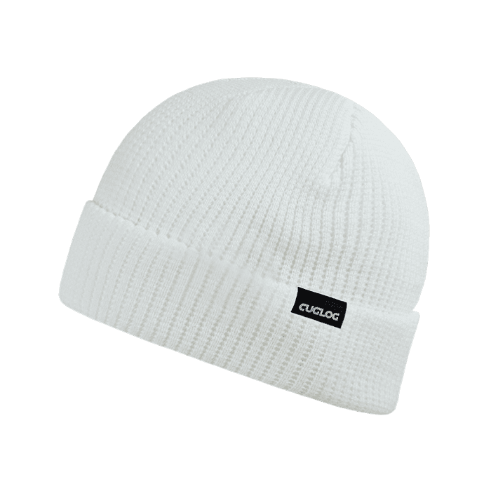 A white beanie with a textured knit design, featuring a black logo tag on the side. Taranaki Beanies - Image 1