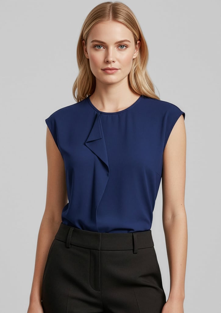 A women's navy top featuring a stylish ruffled design and cap sleeves, paired with black trousers. Womens Mia Top - Image 1