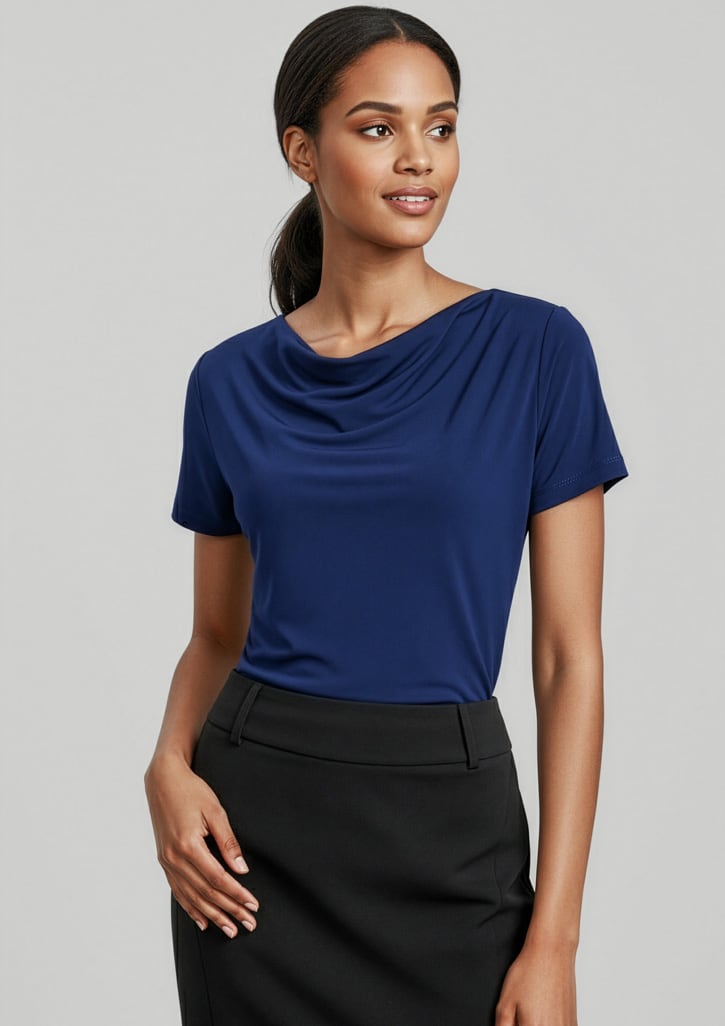 A women's navy top with a draped neckline and short sleeves, paired with a black skirt. Features a logo. Womens Ava Top - Image 1