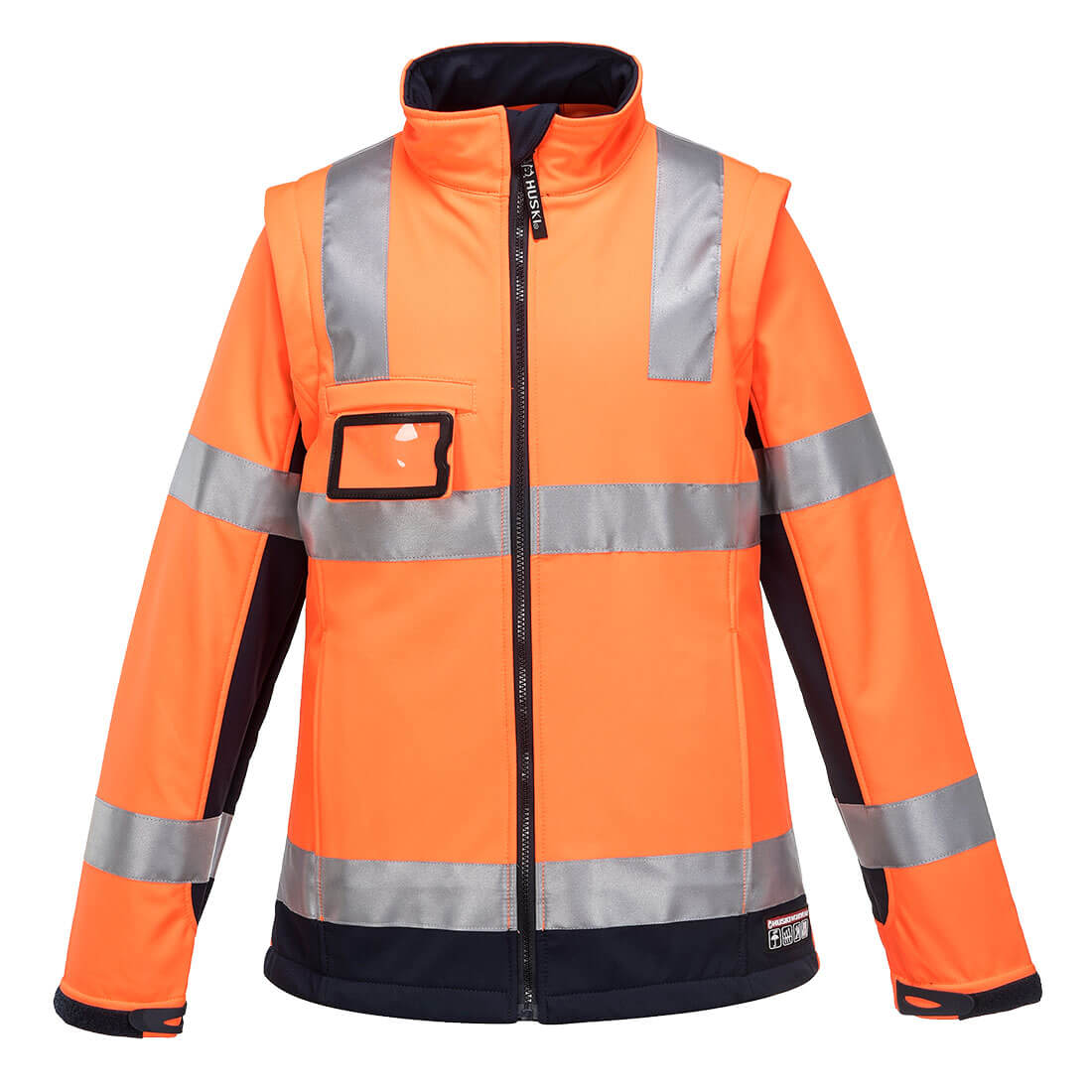 An orange softshell jacket with reflective stripes and a logo on the chest pocket. Huski Kimberley Hi-Vis 2-in-1 Contrast Softshell 3L - Image 1