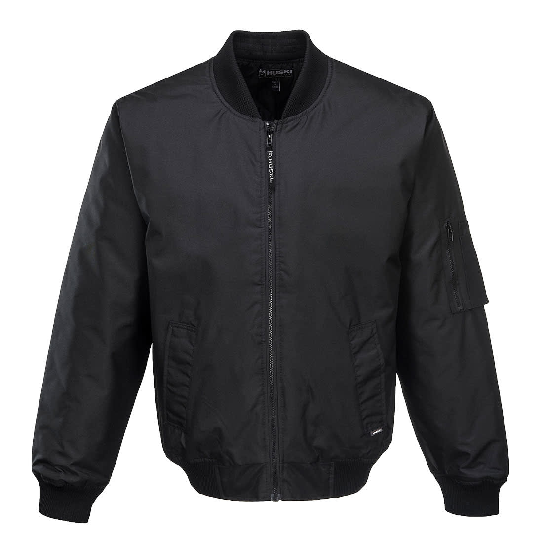 A black jacket with a zip front and a side pocket, featuring a classic bomber style design. Huski Combat Jacket - Image 1