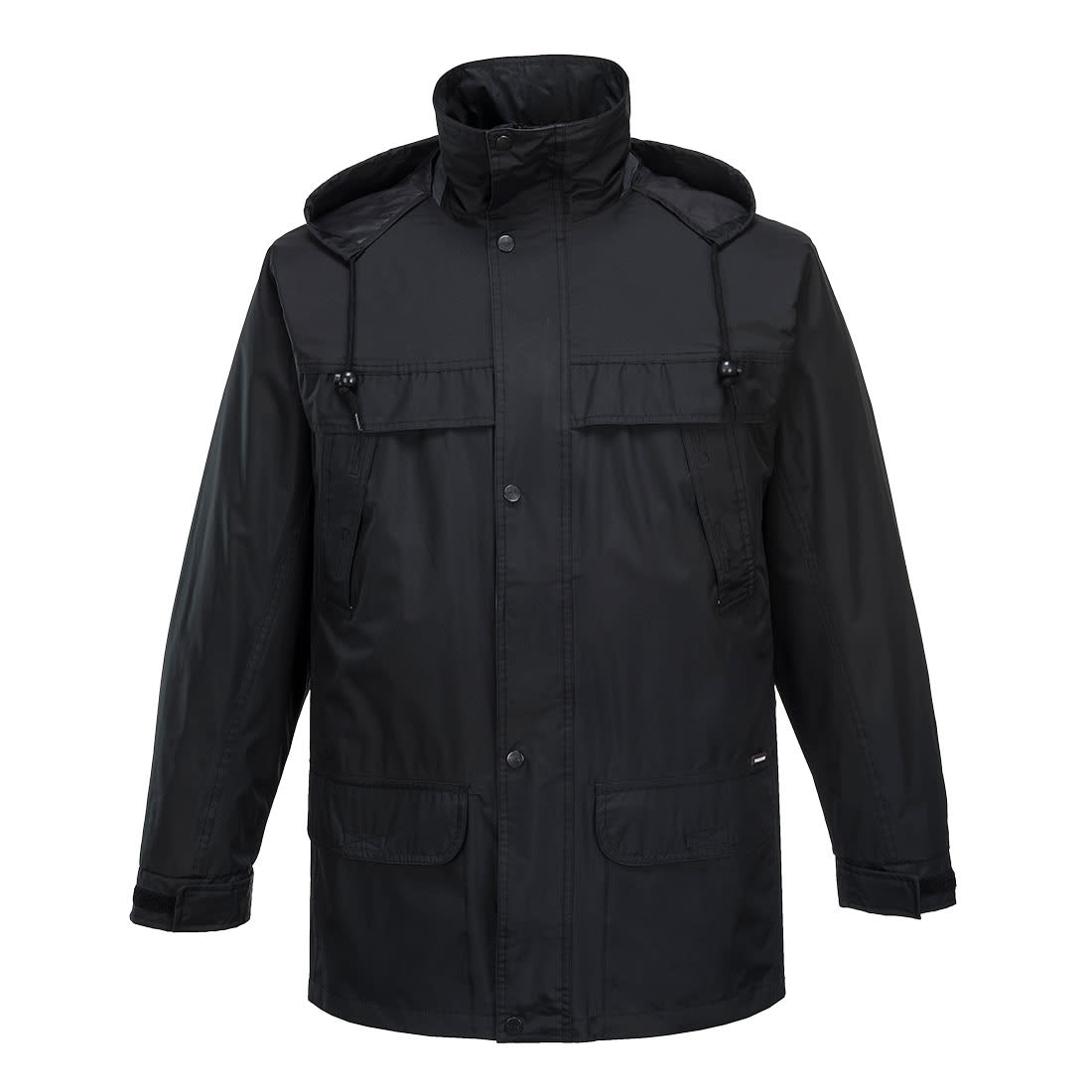A black classic jacket featuring a hood, multiple pockets, and a front button closure. It includes a logo on the fabric. Huski Classic Rain Jacket - Image 1
