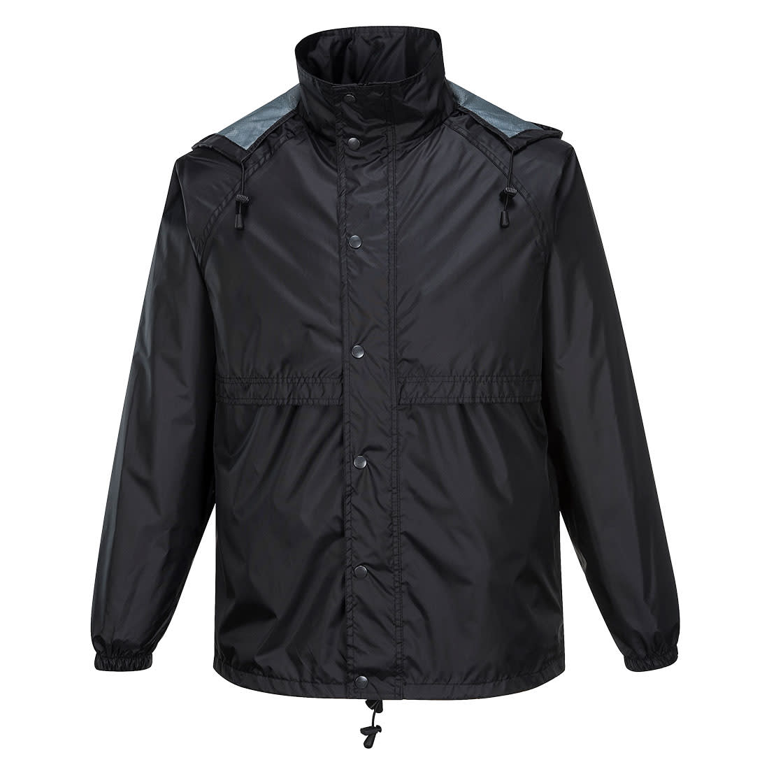A black packable jacket featuring a front zipper, elastic cuffs, and a hood, with a logo on the chest. Huski Stratus Rain Jacket - Image 1