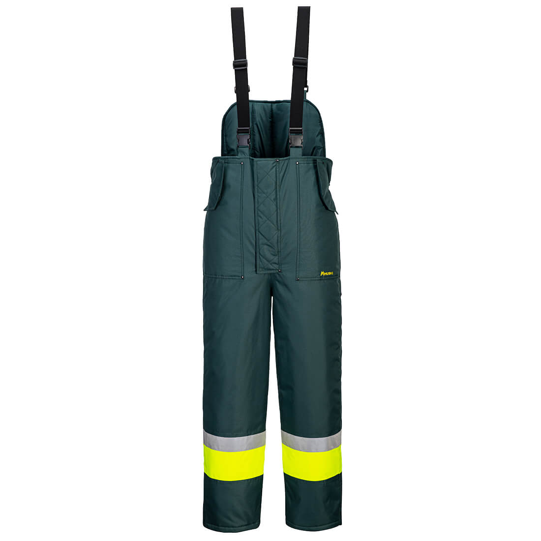 A green waterproof bib and brace with reflective yellow stripes, featuring adjustable black suspenders. Huski Hi-Vis Contrast Freezer Bib and Brace - Image 1