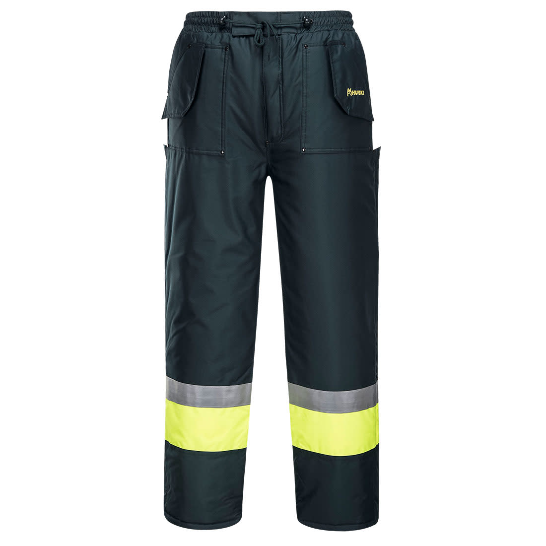 Work pants in dark green with reflective yellow stripes and multiple pockets. Features an elastic drawstring waist and branding. Huski Hi-Vis Contrast Freezer Pants - Image 1