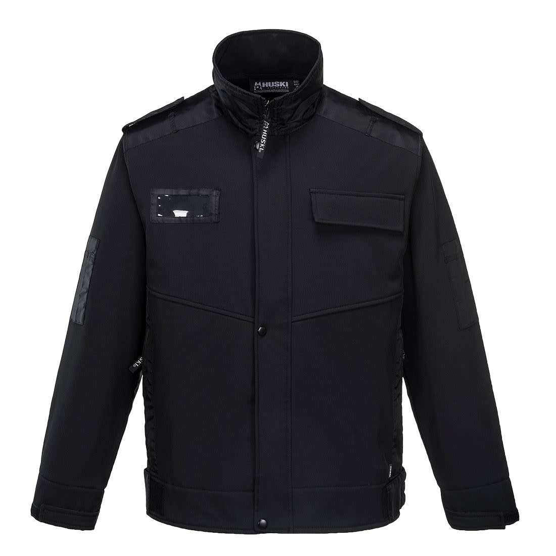 A black softshell jacket with pockets and a collar, featuring a logo. Huski Warden Softshell (3L) - Image 1