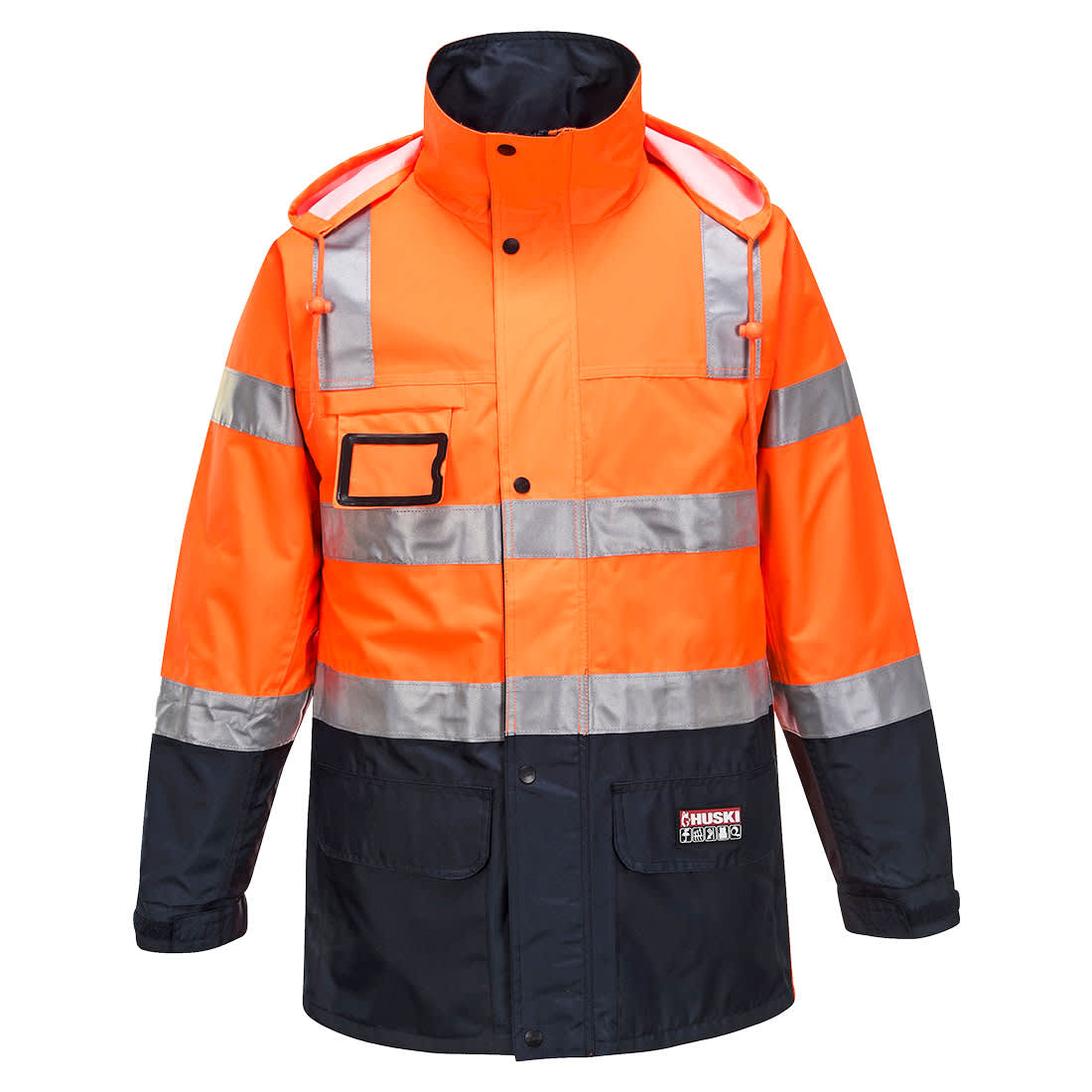 A high-visibility rain jacket in orange and navy, featuring reflective stripes and one chest pocket. Huski Transit Hi-Vis Rain Jacket - Image 1