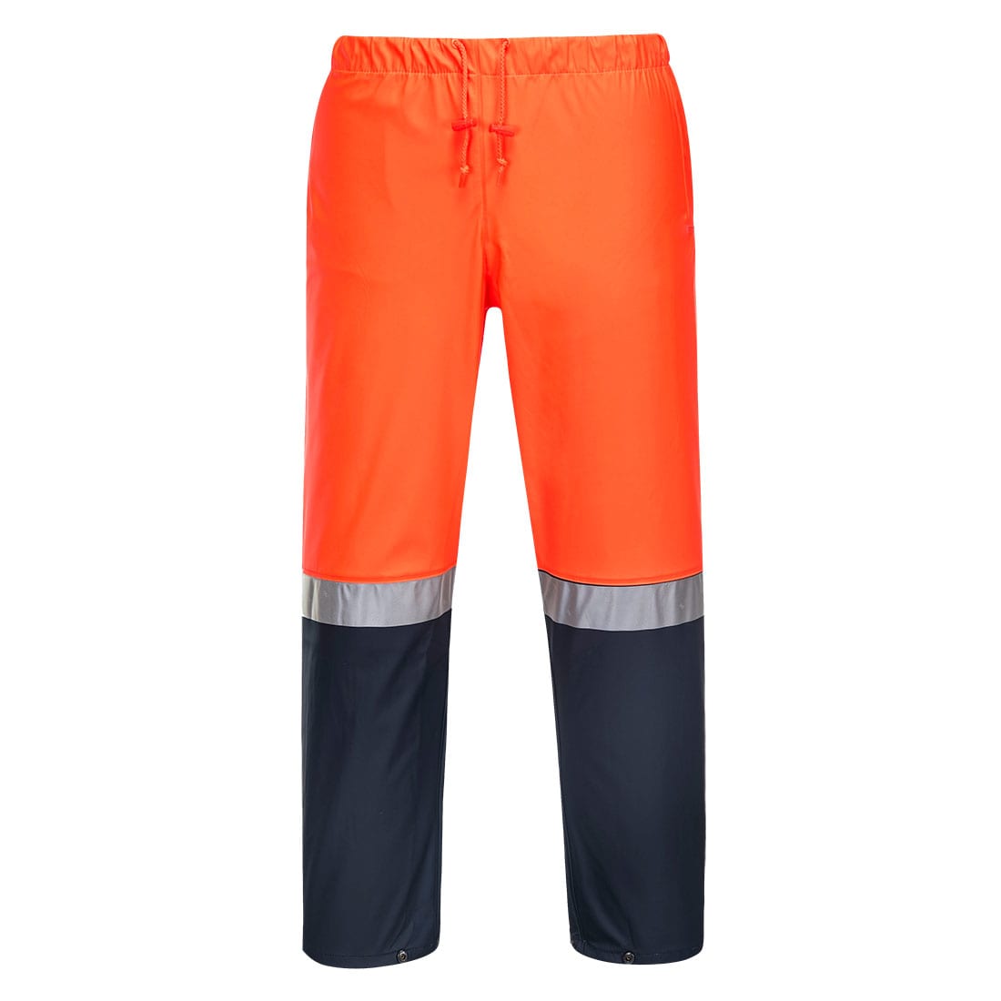 Hi-Vis pants in bright orange with reflective stripes and navy panels, featuring an elasticised waistband. Huski Farmers Hi-Vis Contrast Rain Pants - Image 1