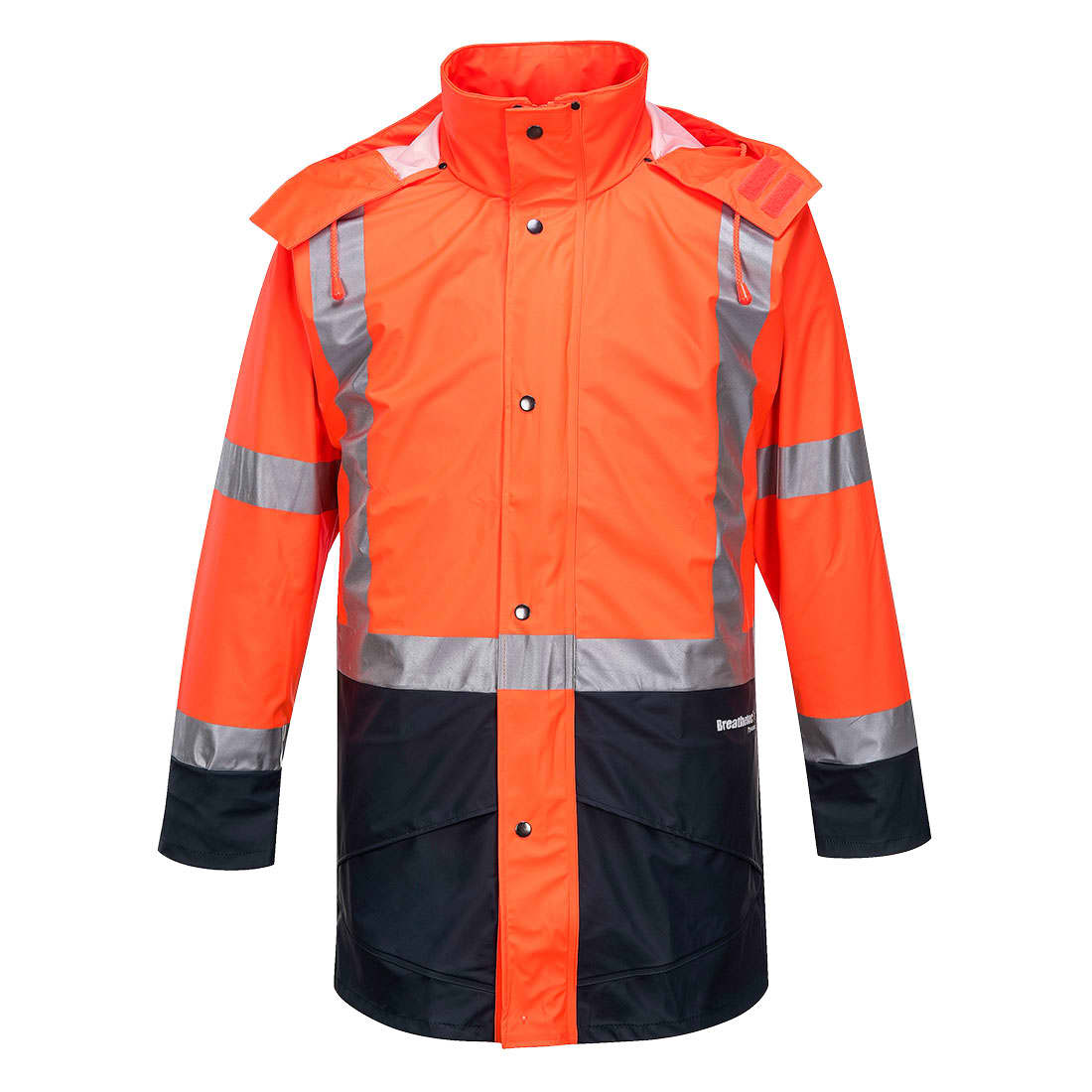 A hi-vis jacket in bright orange with reflective strips and a black base, featuring a logo. Ideal for workwear. Huski Farmers Hi-Vis Contrast Jacket - Image 1