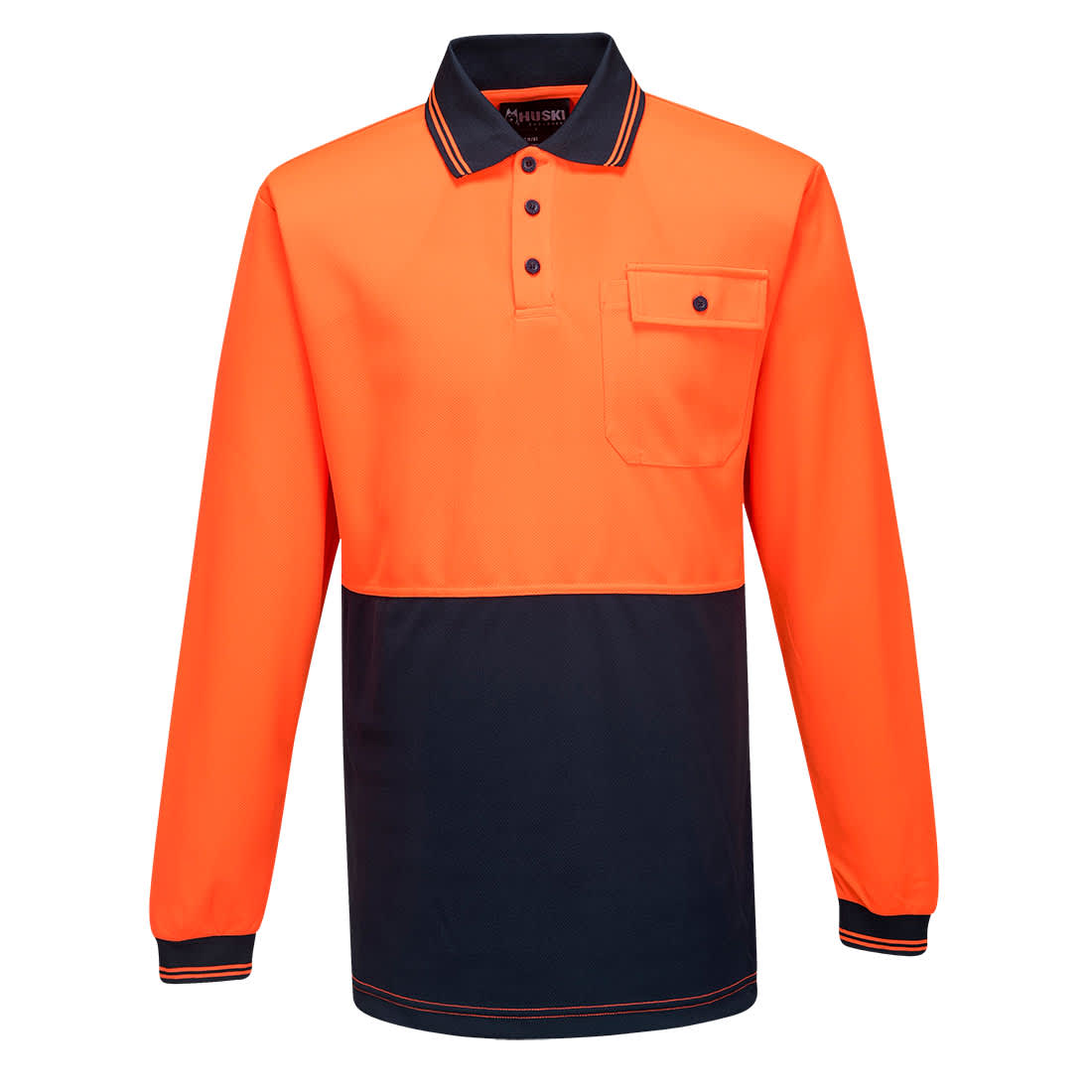 A long sleeve polo shirt in high-visibility orange with a navy blue bottom section and a chest pocket. Driver Long Sleeve - Image 1