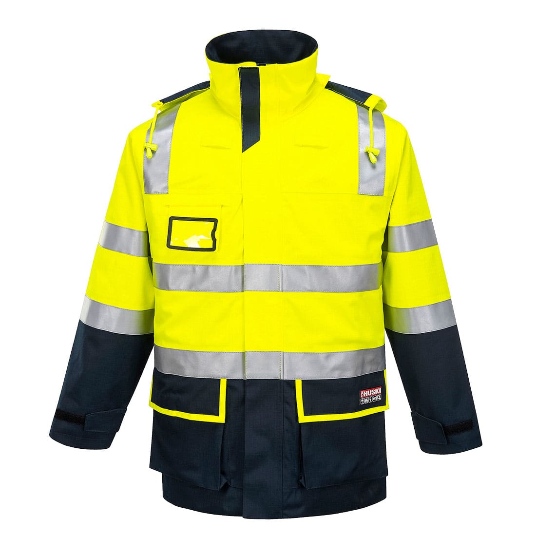 A hi-vis yellow and navy work jacket with reflective stripes and a logo on the front. Huski FR Class D/N Flash Jacket - Image 1