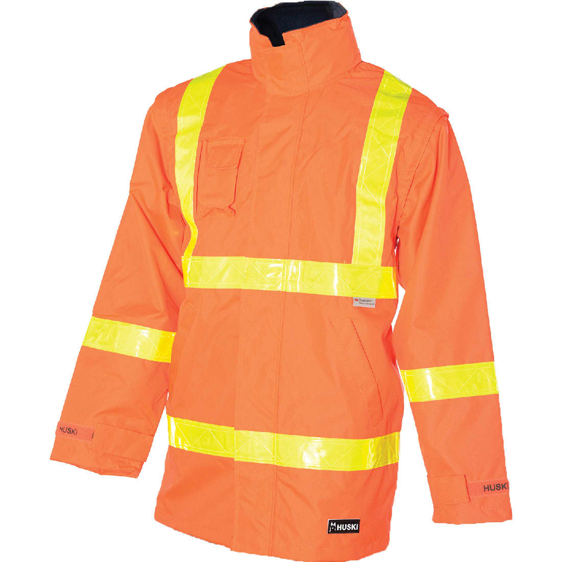 A bright orange jacket with reflective yellow stripes and a collar, featuring a branding logo on the front. Huski Hi-Vis Roads 2-in-1 Rain Jacket - Image 1