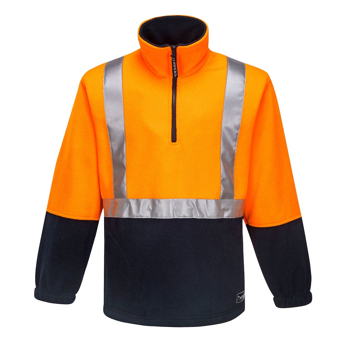 A bright orange and navy fleece top with reflective strips and a half-zip collar. It has a logo on the sleeve. Huski Utility Hi-Vis Contrast 1/4 Zip Polar Fleece - Image 1