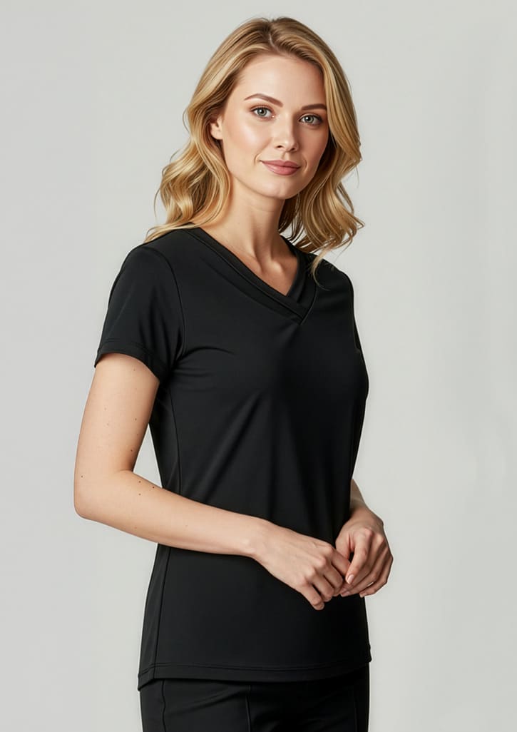 A short-sleeve black top for women with a v-neck design, featuring a fitted silhouette and soft fabric. Womens Lana Short Sleeve Top - Image 1