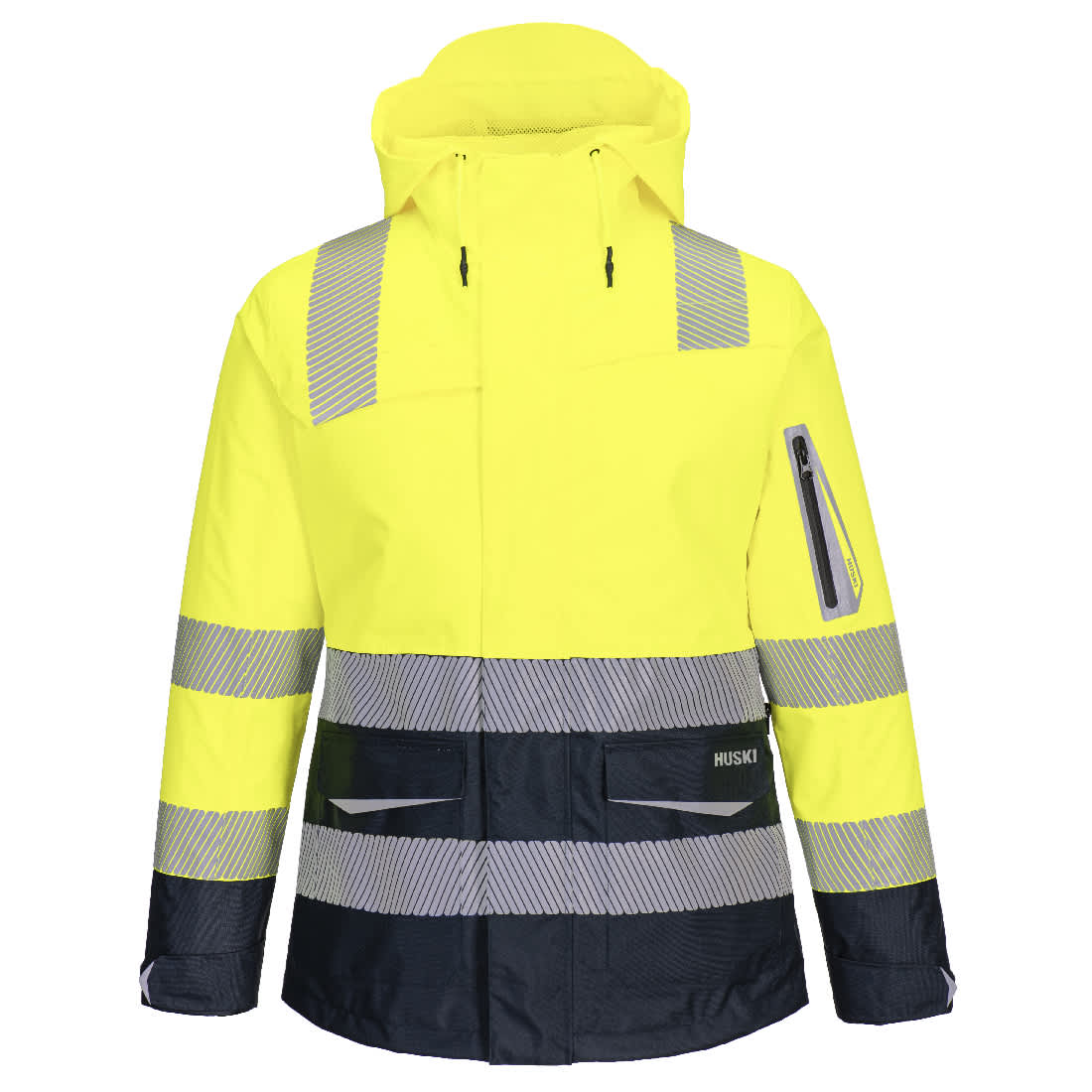 A high-visibility women's shell jacket in bright yellow with reflective stripes and a navy blue lower section. Huski Hi-Vis Women's Contrast Rain Jacket - Image 1