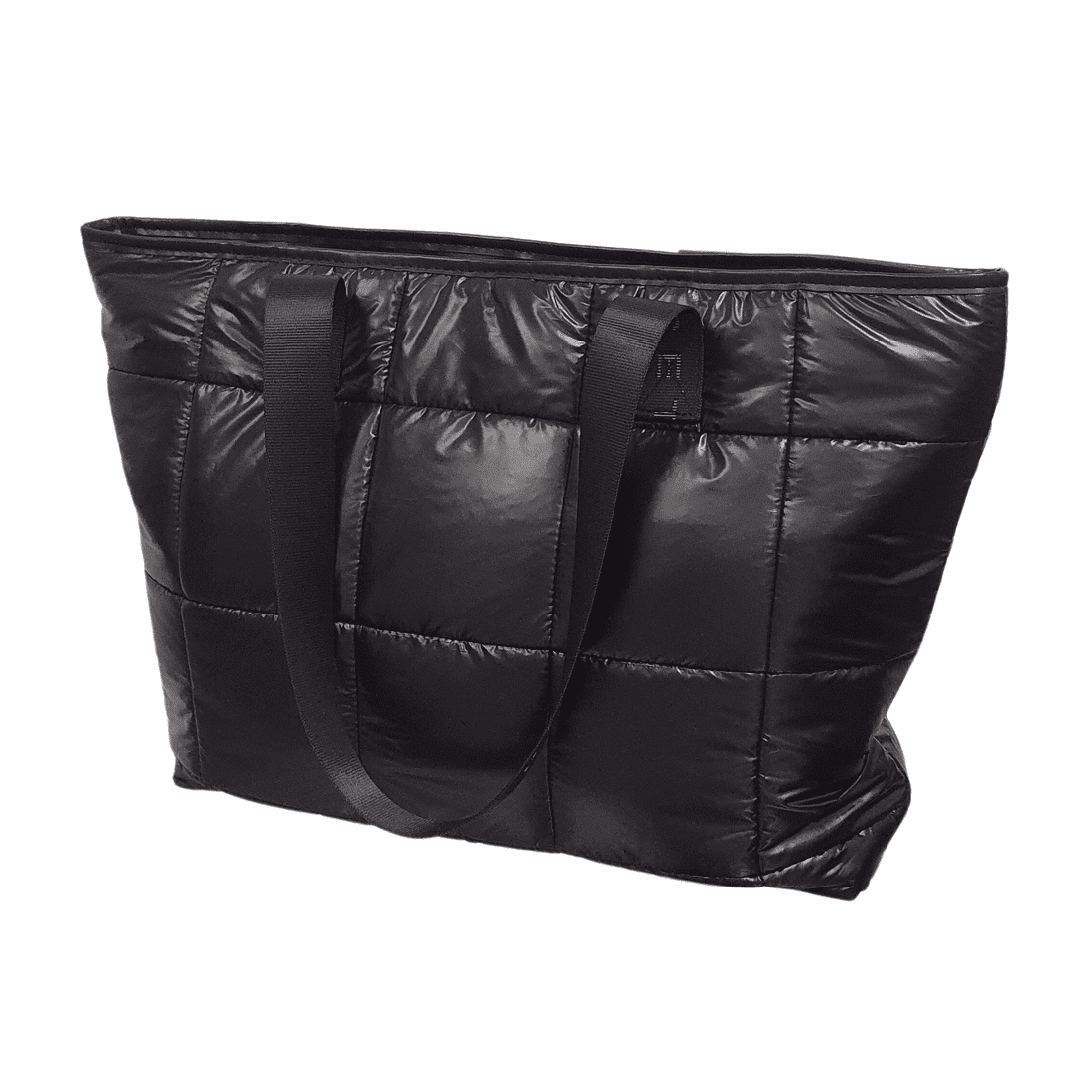 A black puffer tote bag with two handles and a quilted texture, featuring a logo on one side. Kanye Sustainable Puffer Bag - Image 1