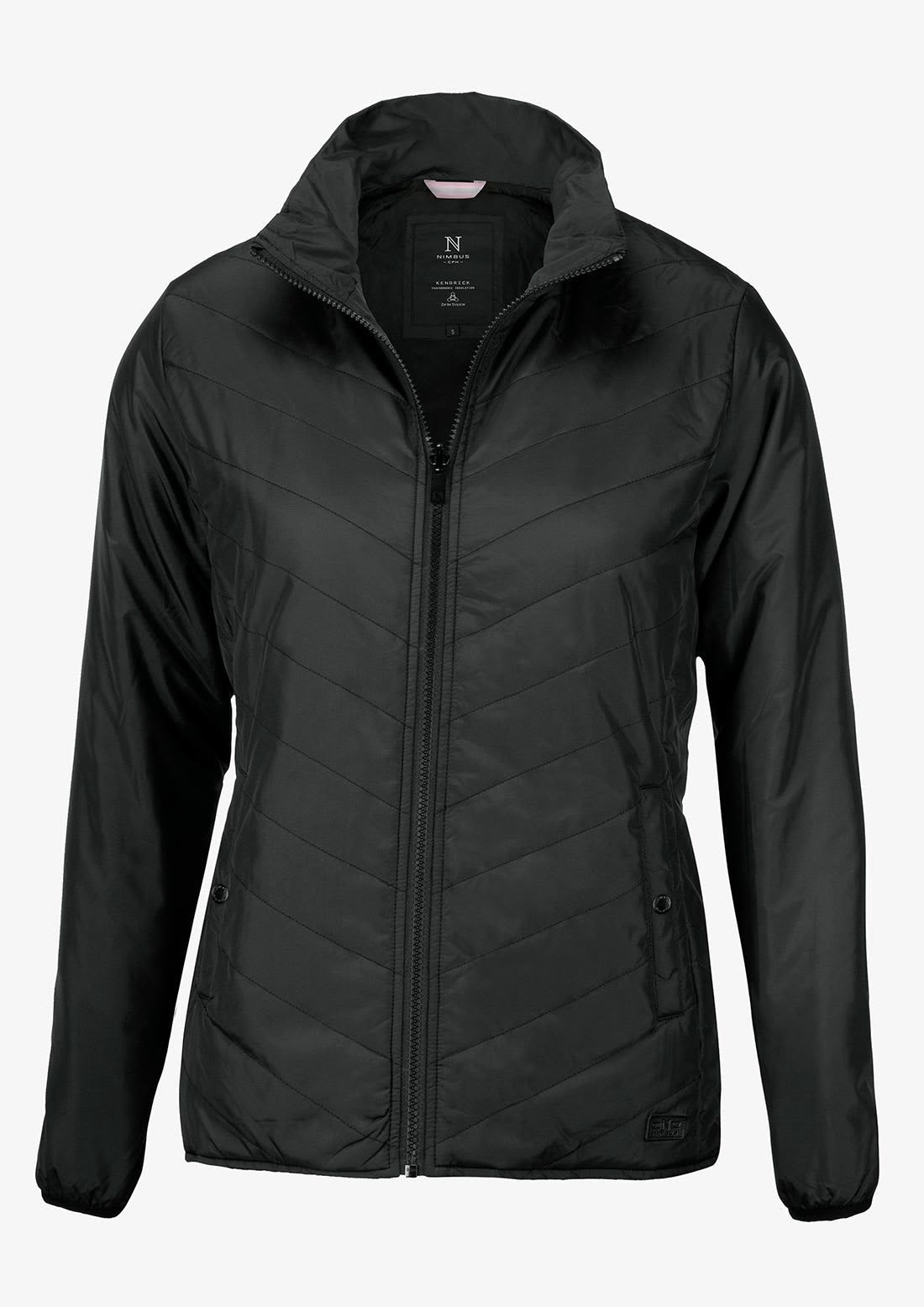 A black jacket featuring a zip front, chevron stitching, and side pockets. Includes a logo on the fabric. Kendrick Women Jacket - Image 1