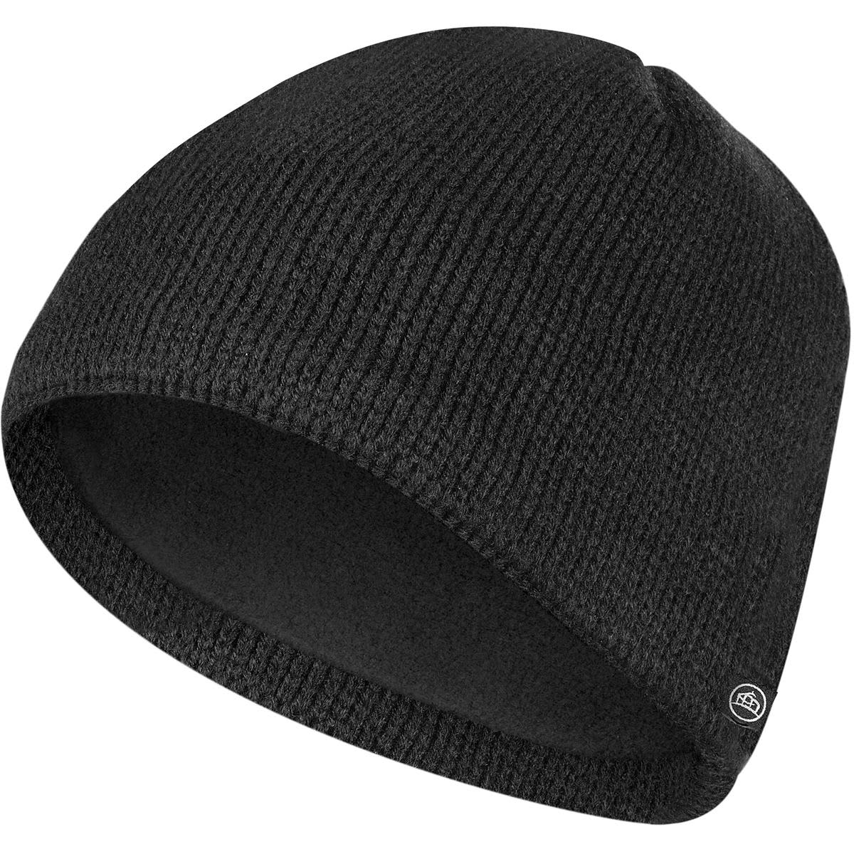 A black knitted fleece beanie with a fitted design and a small logo on the side. Helix Knitted Fleece Beanie - Image 1
