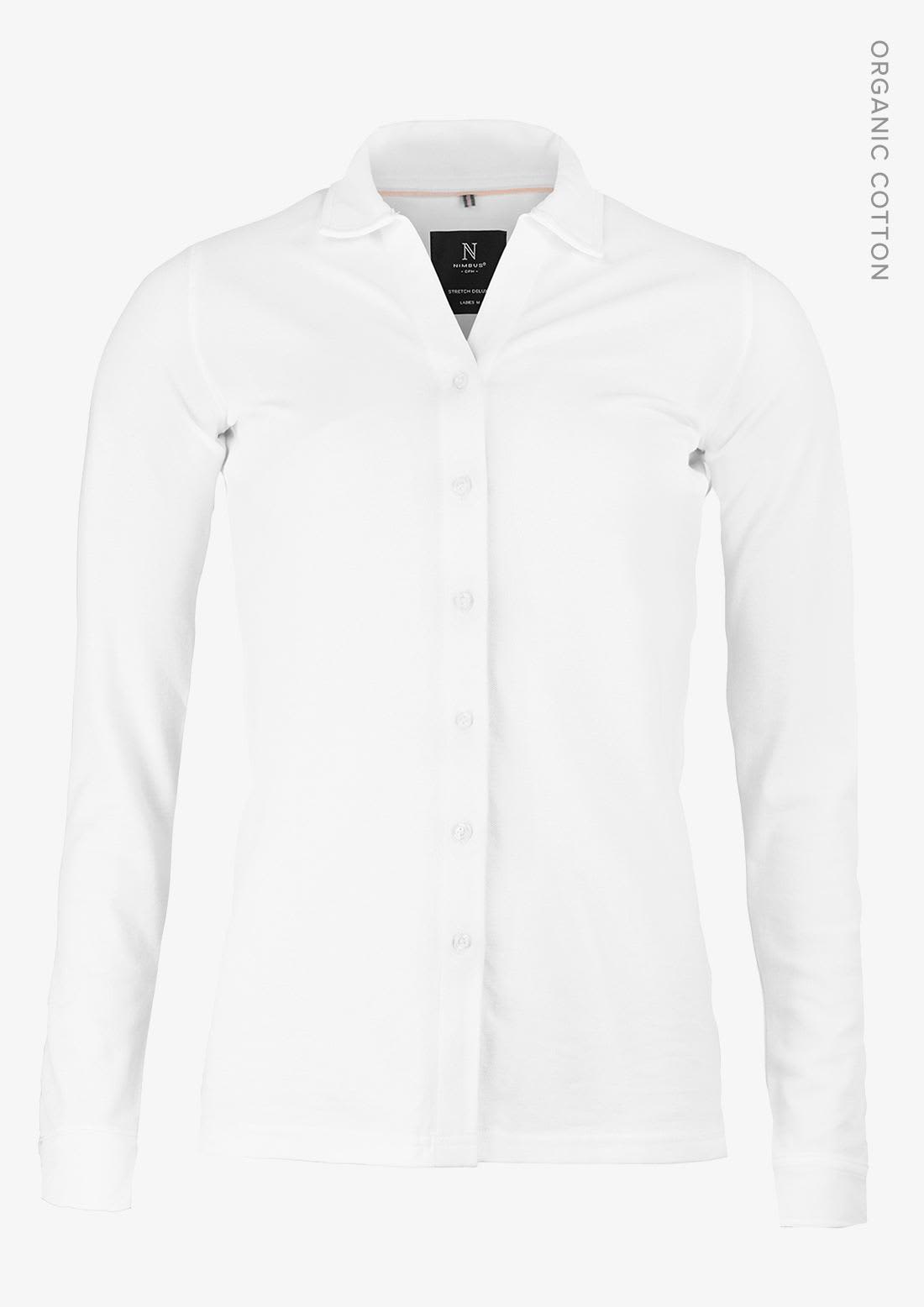 A white long-sleeved polo shirt made from organic cotton, featuring a button-up front and a branding logo. Kingston Women Shirt - Image 1