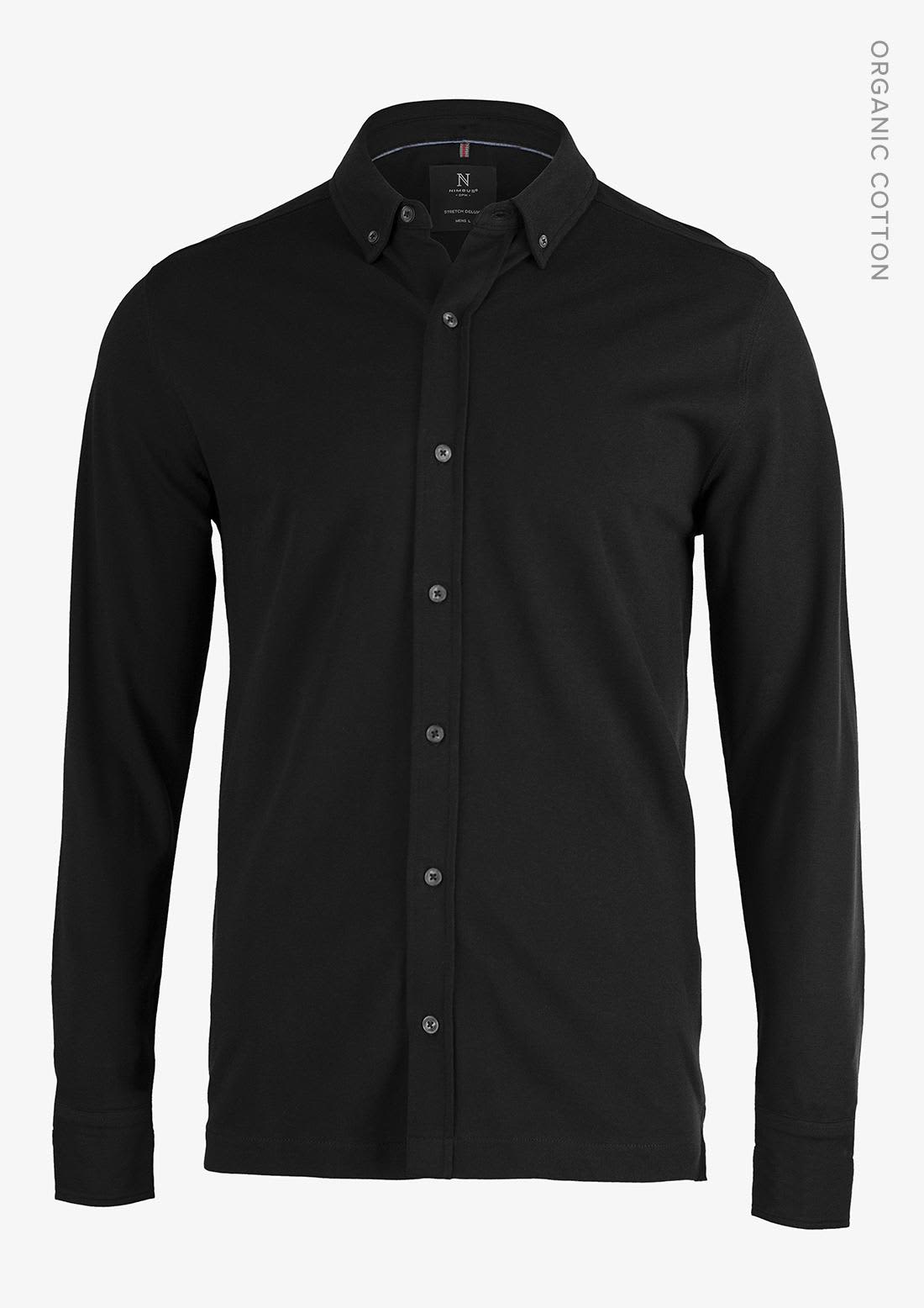 A black long-sleeved polo shirt made from organic cotton, featuring a button-up front and a collar. It has a logo. Kingston Men Shirt - Image 1