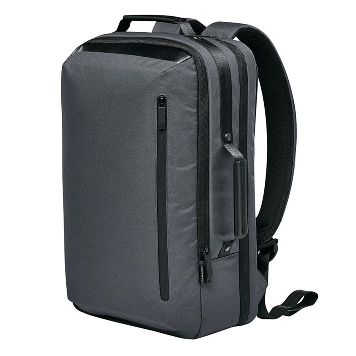 A sleek grey backpack with padded straps and multiple compartments, featuring a logo on the side. Hedmark Commuter Backpack - Image 1
