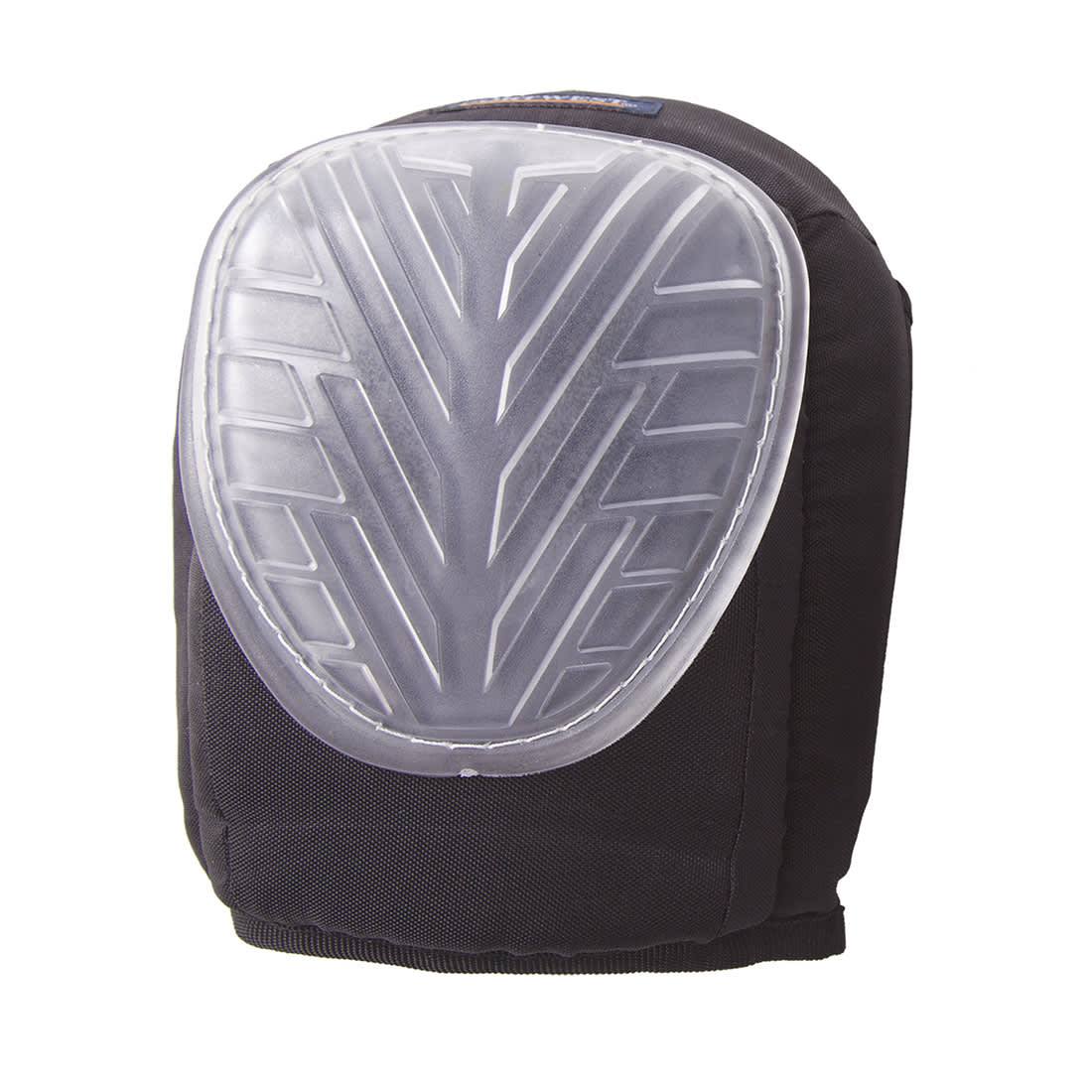 A gel-filled kneepad with a black fabric exterior and a clear protective overlay featuring a tread pattern. Super Gel Knee Pad - Image 1