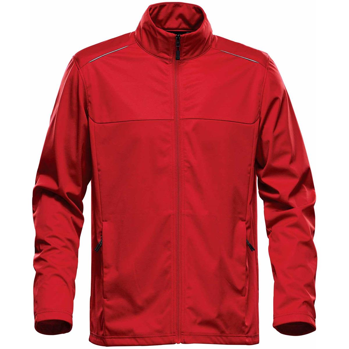 A red lightweight softshell jacket with a zip front, high collar, and two side pockets. Features a logo on the chest. Men's Greenwich Lightweight Softshell - Image 1