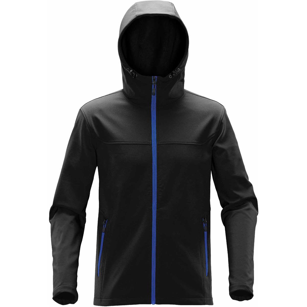 A black softshell hoody with blue zippers and accents, featuring a hood and zippered pockets. Men's Orbiter Softshell Hoody - Image 1