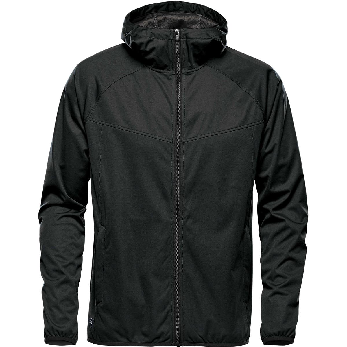 A black softshell jacket with a hood and zip closure, featuring a sleek design and an emblem. Men's Belcarra Softshell - Image 1