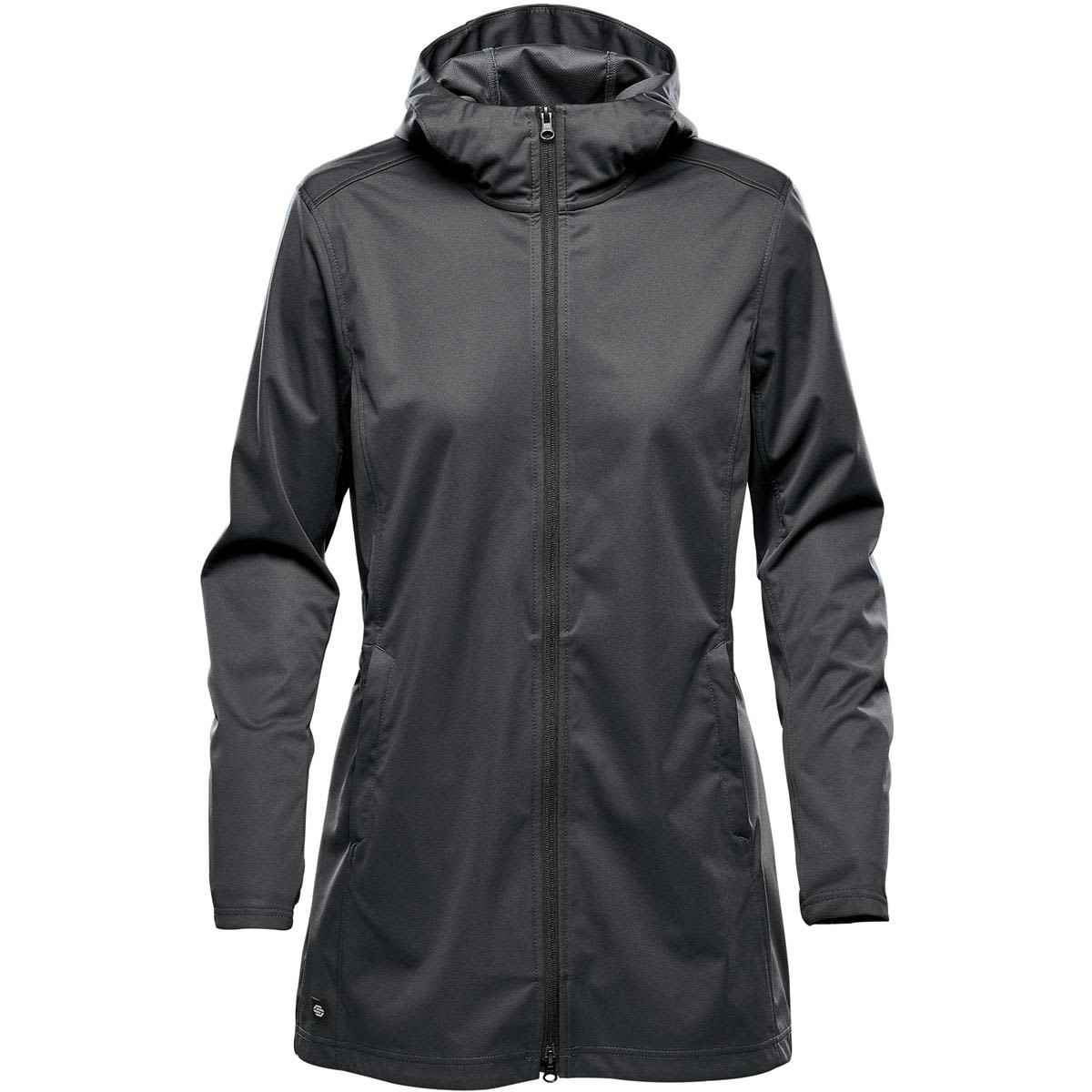 A women's softshell jacket in black, featuring a hood and zip closure, with side pockets and a logo. Women's Belcarra Softshell - Image 1