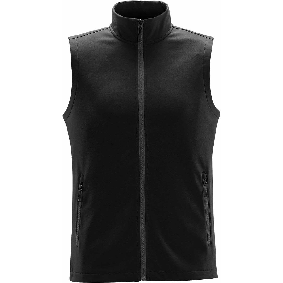 A black softshell vest with a high collar and zippered pockets, featuring a branded logo. Men's Orbiter Softshell Vest - Image 1