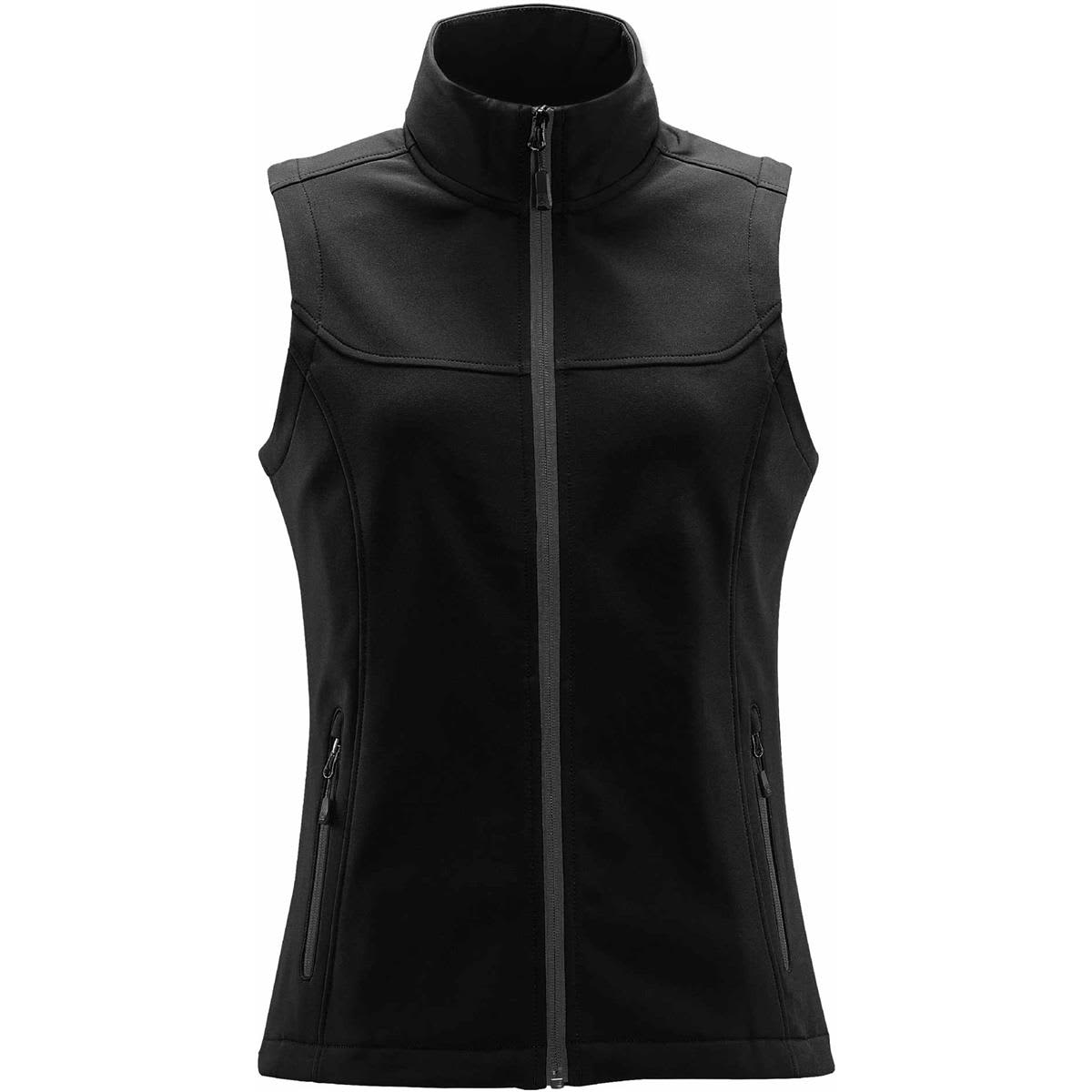 A black women's softshell vest featuring a high collar, zip front, and side pockets. It has a branded logo. Women's Orbiter Softshell Vest - Image 1