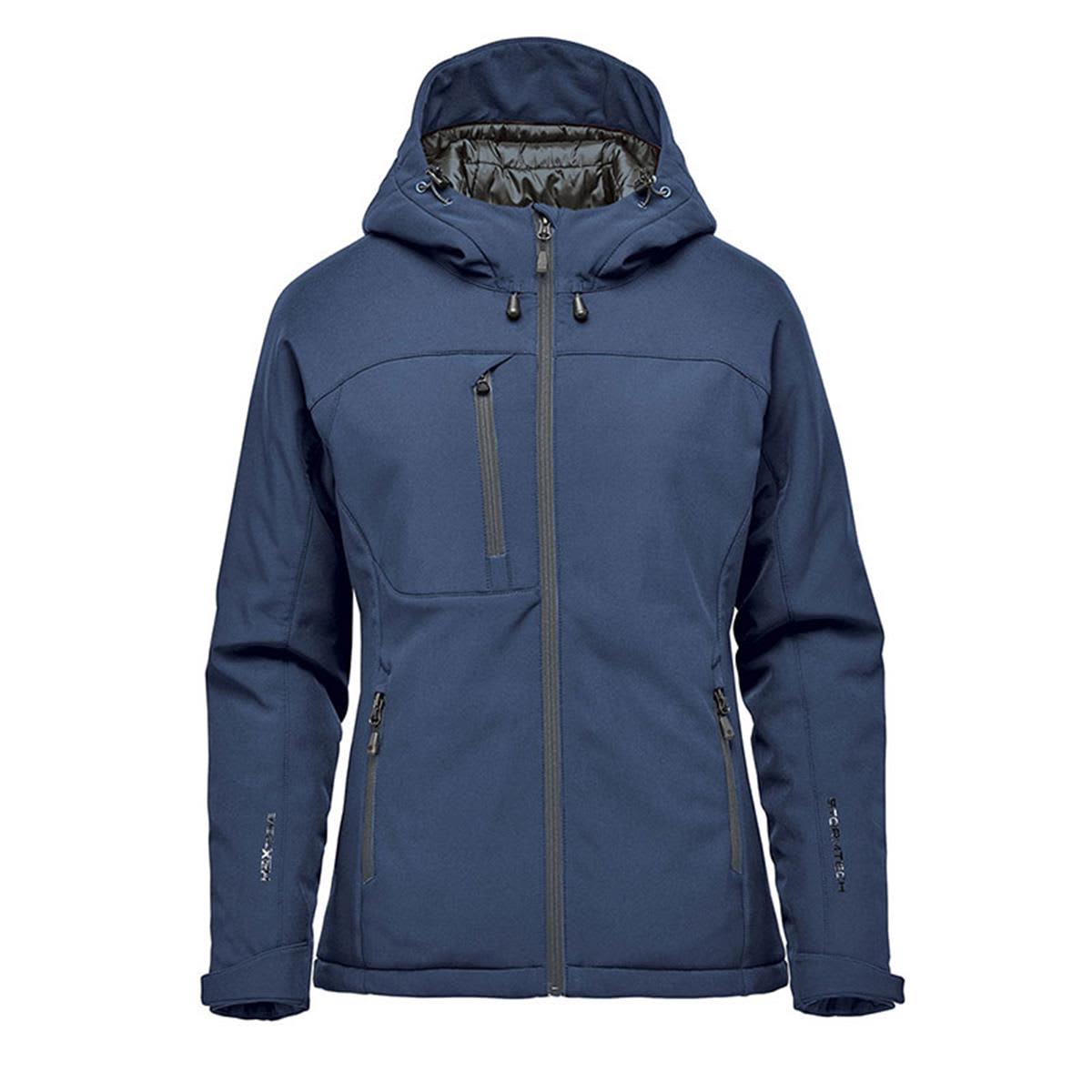 A navy blue women's insulated softshell jacket featuring a hood and multiple zip pockets. It has a logo on the sleeve. Women's Orbiter Insulated Softshell - Image 1