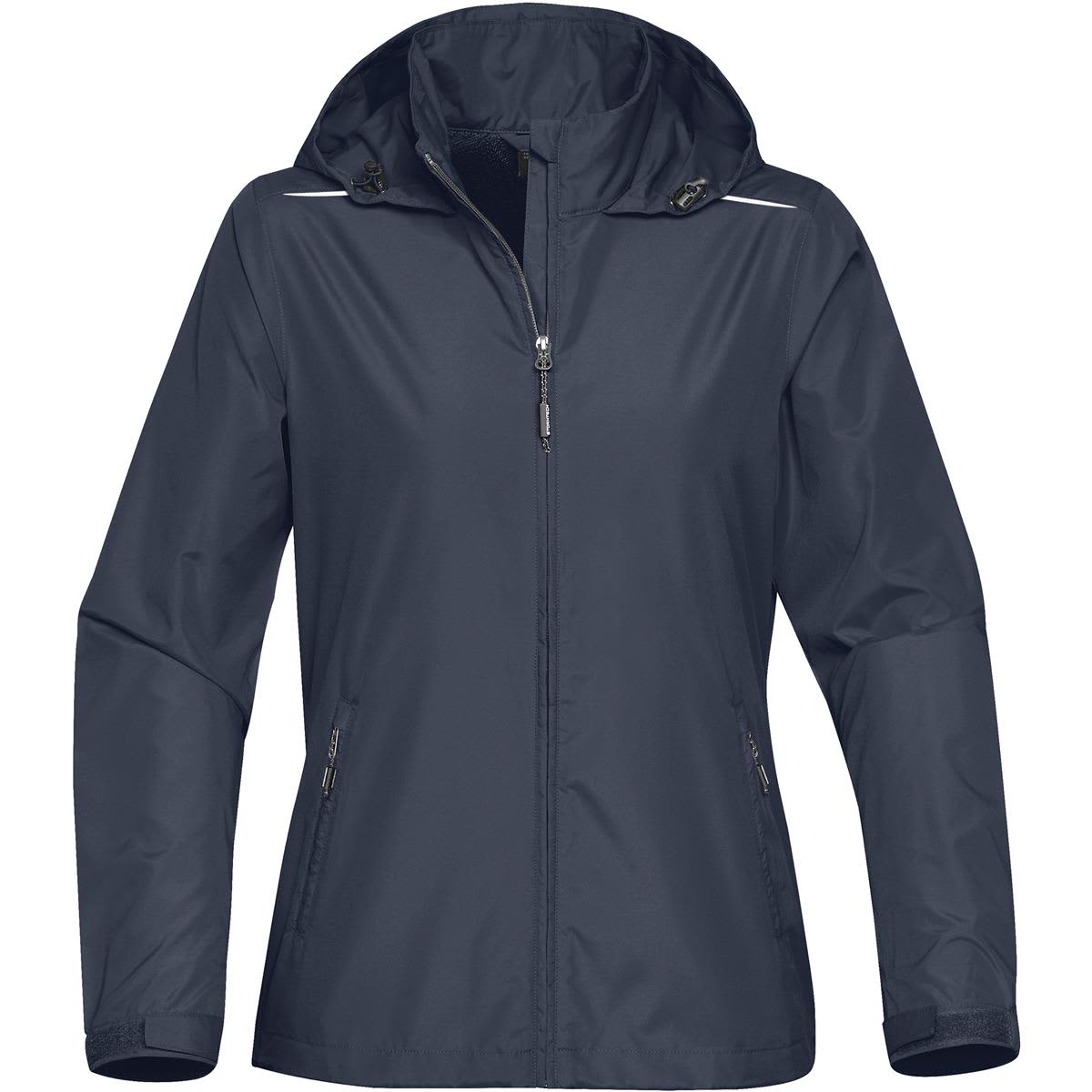 A women's rain jacket in navy blue featuring a hood and zippered pockets, with a logo on the chest. Women's Nautilus Shell - Image 1