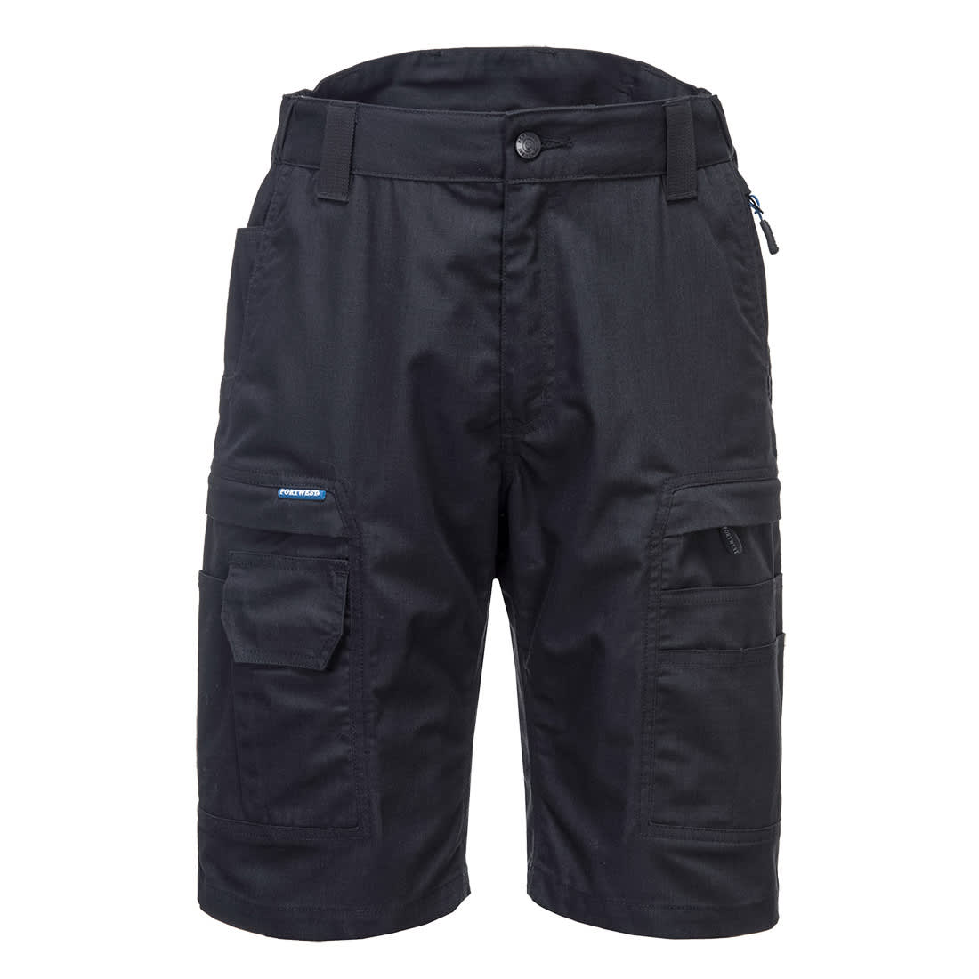 Black cargo shorts featuring multiple pockets and a branded logo. KX3 Ripstop Shorts - Image 1