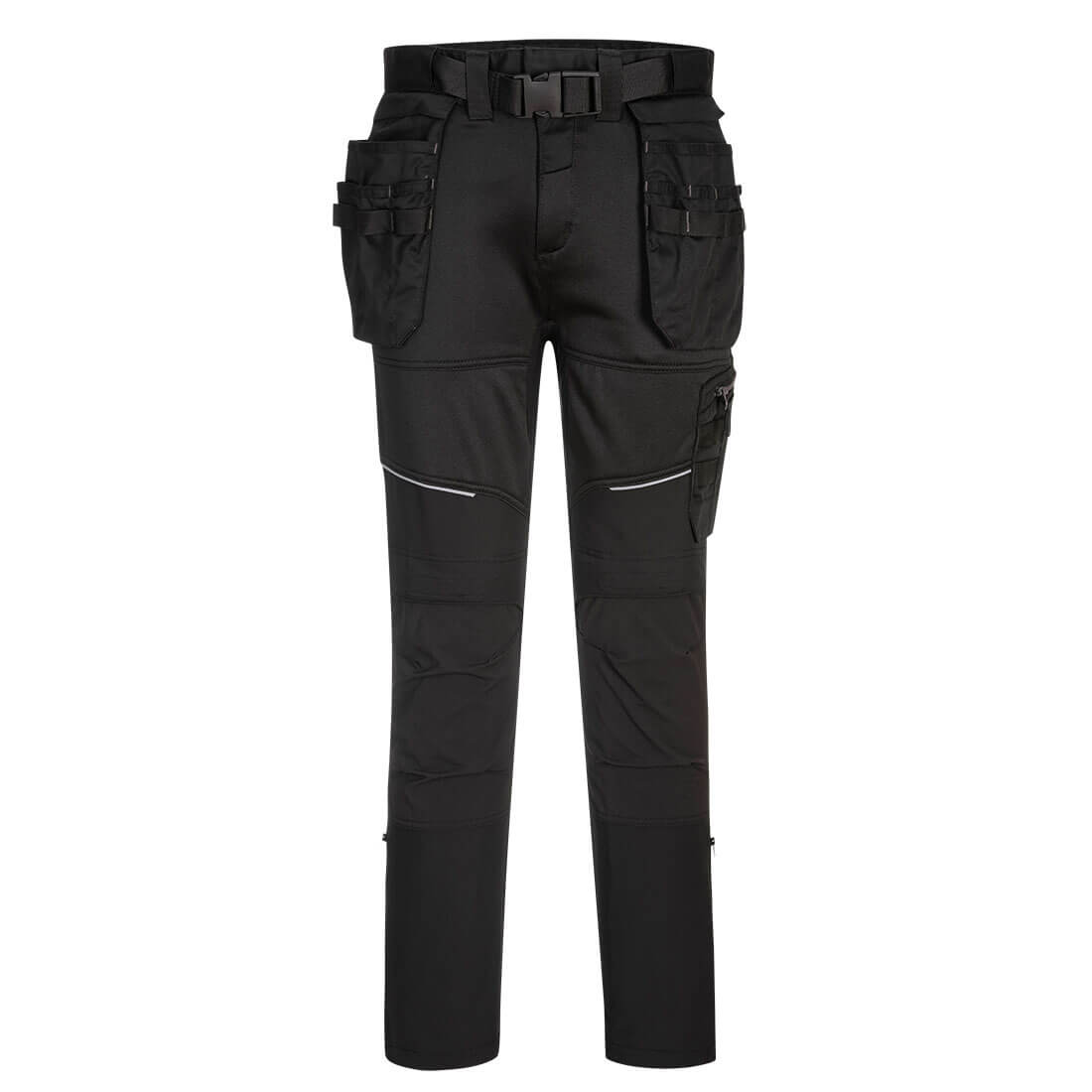 A pair of black cargo pants with multiple pockets and a belt, featuring a sleek design and reflective details. KX3 Holster Jogger - Image 1