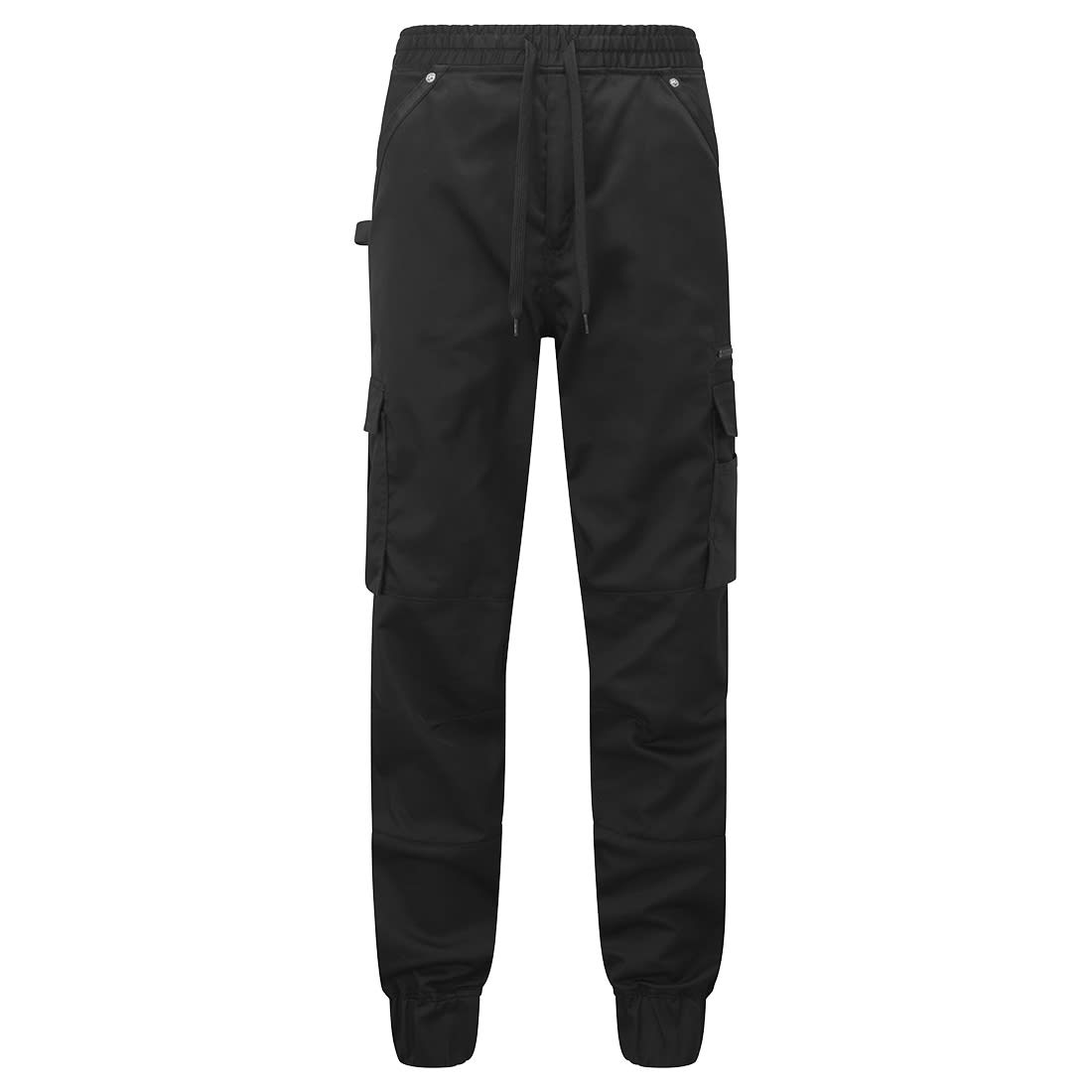 Black lightweight pants with an elastic waistband, featuring cargo pockets and a logo. KX3 Lightweight Cool Drawstring Pants - Image 1