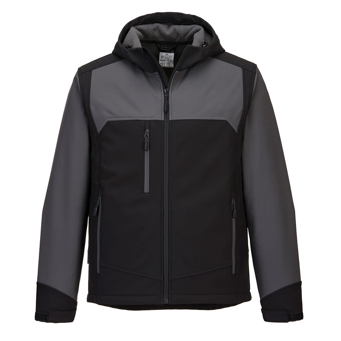A hooded softshell jacket in black and grey, featuring multiple zippered pockets and a logo. KX3 Hooded Softshell (3L) - Image 1