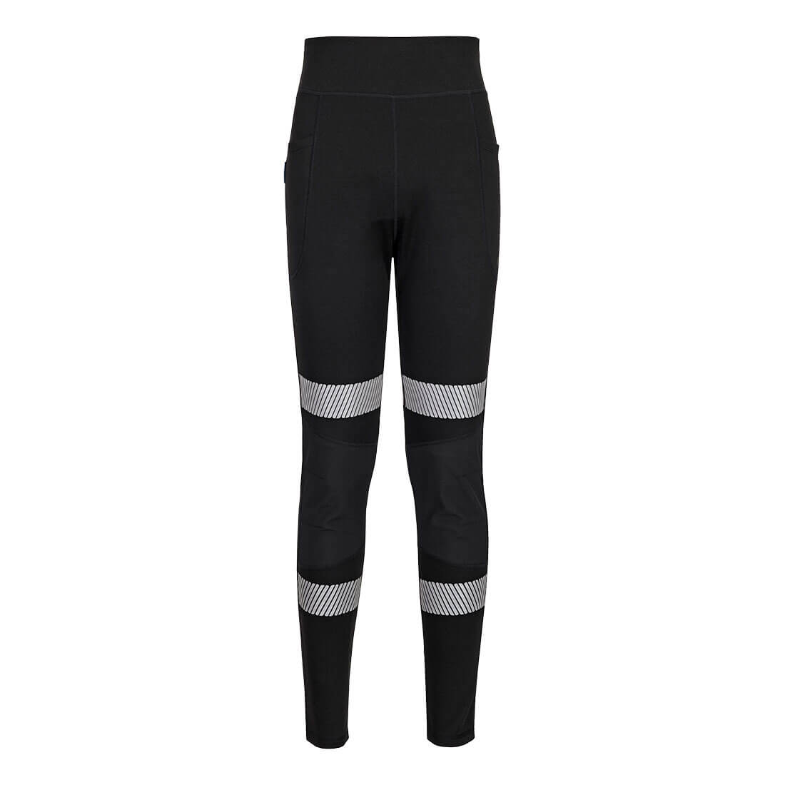 Black leggings featuring reflective strips, designed with a high waistband and pockets. Includes a logo. KX3 Enhanced Women's Flexi Work Leggings - Image 1