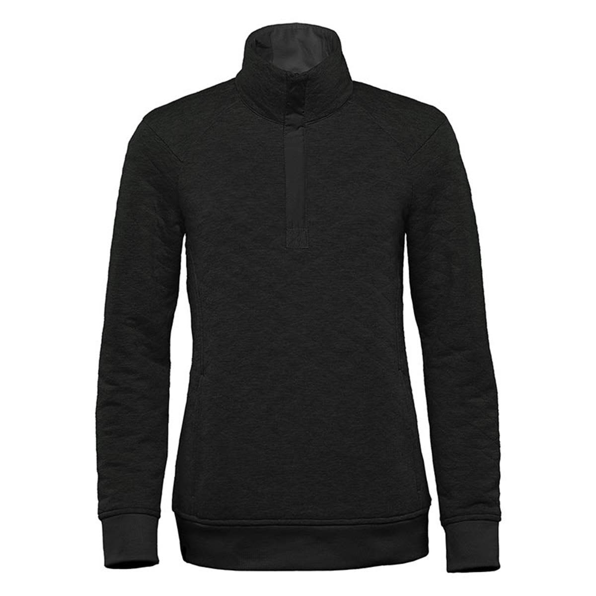 A black women's pullover featuring a 1/4 zip and a high collar. It has a textured fabric and a brand logo. Women's Montebello Thermal 1/4 Zip Pullover - Image 1