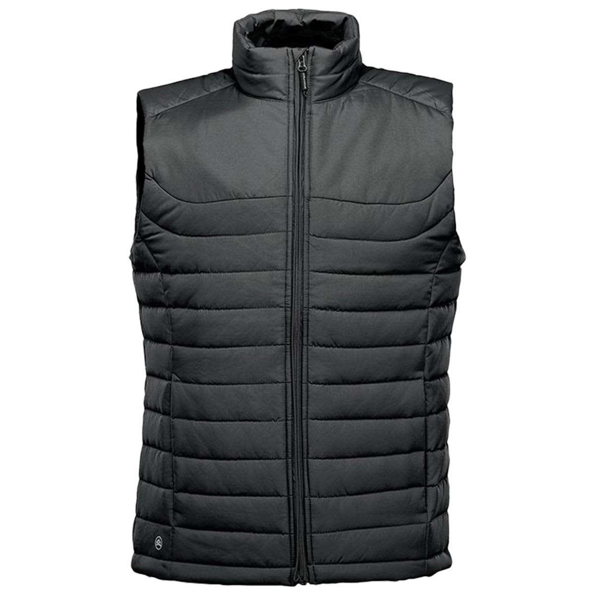 A men's quilted vest in dark grey with a high collar and front zip, featuring a logo on the lower side. Men's Nautilus Quilted Vest - Image 1
