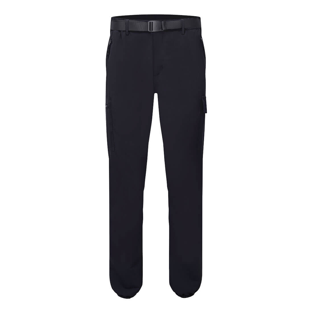 Lightweight cuffed pants in black with a belt, featuring side pockets and a logo. Stretch Lightweight Cuffed Pants - Image 1