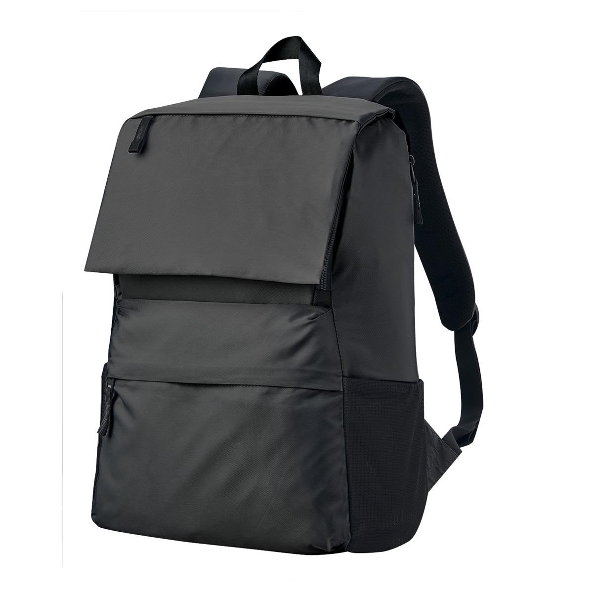 A black laptop backpack featuring a flap, adjustable straps, and a side pocket. It has a branded logo. Medusa Backpack - Image 1