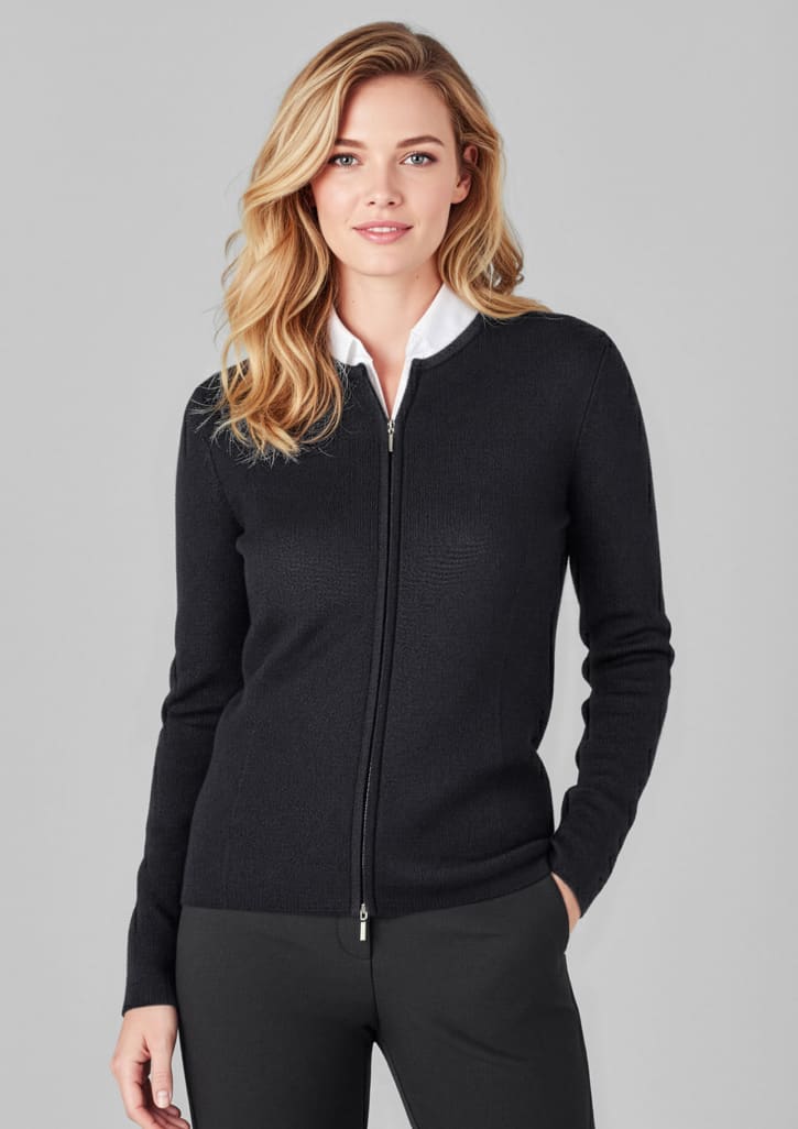 A women's 2-way zip cardigan in black, featuring long sleeves and a fitted design, against a neutral background. Womens 2-Way Zip Cardigan - Image 1